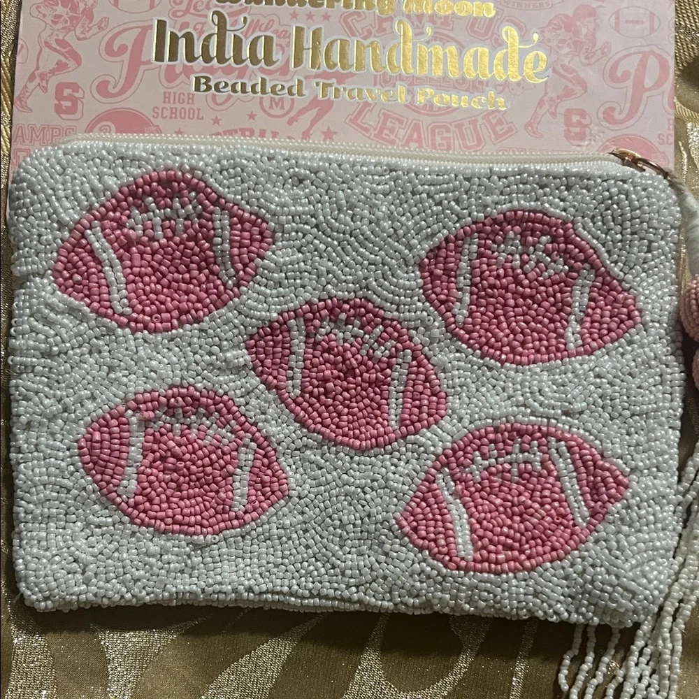 Wandering Moon Handmade football beaded travel pouch Pink Game Day NWT